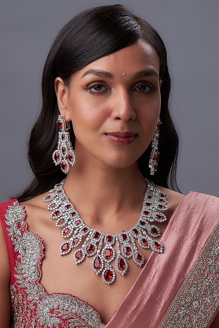 White Rhodium Finish Zircon & Ruby Stone Necklace Set by Prihan Luxury Jewelry at Pernia's Pop Up Shop