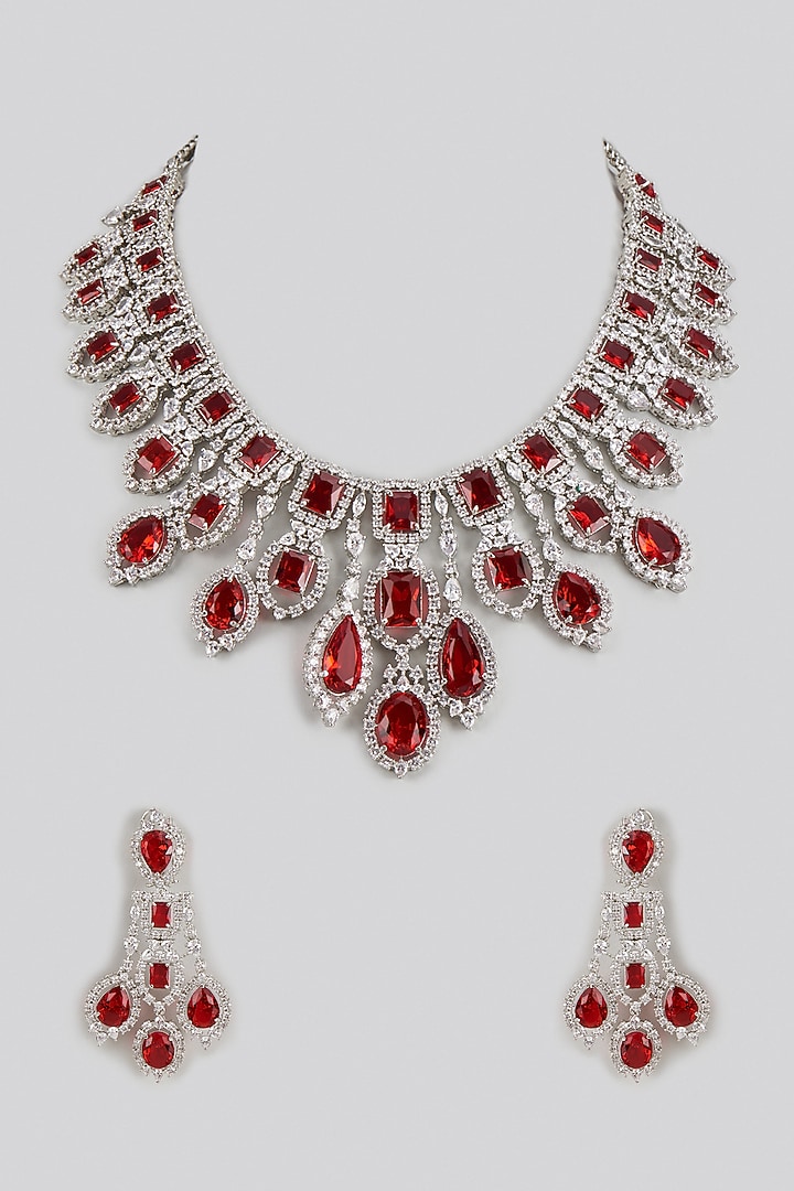 White Rhodium Finish Zircon & Ruby Stone Necklace Set by Prihan Luxury Jewelry at Pernia's Pop Up Shop