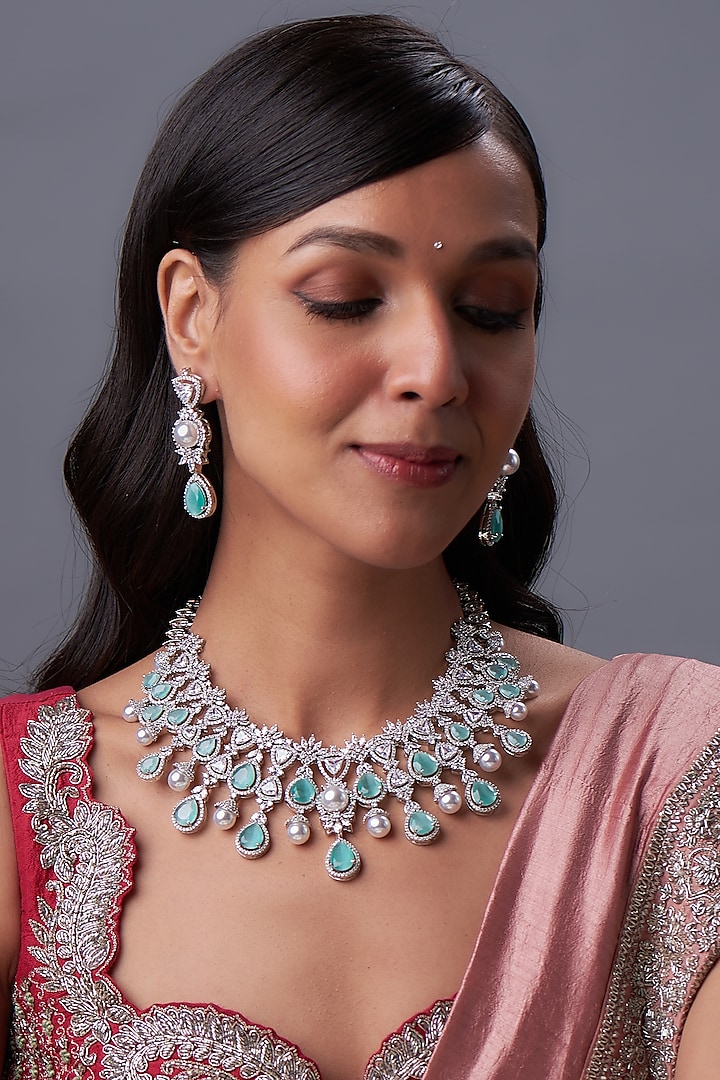 White Rhodium Finish Zircon & Teal Stone Necklace Set by Prihan Luxury Jewelry at Pernia's Pop Up Shop