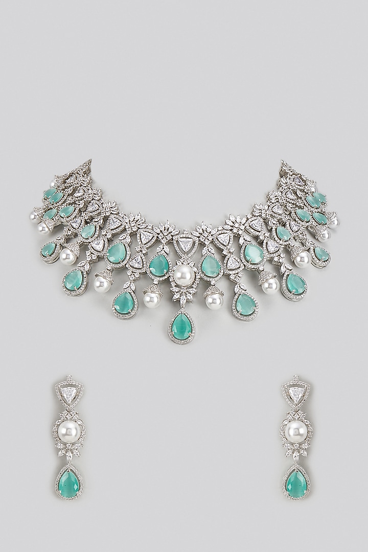 White Rhodium Finish Zircon & Teal Stone Necklace Set by Prihan Luxury Jewelry at Pernia's Pop Up Shop