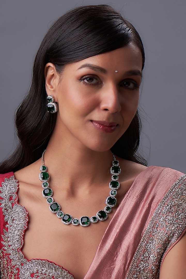 White Rhodium Finish Zircon & Emerald Stone Necklace Set by Prihan Luxury Jewelry at Pernia's Pop Up Shop