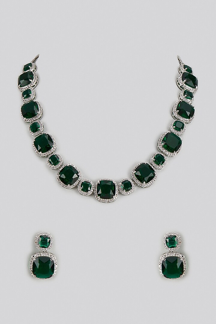 White Rhodium Finish Zircon & Emerald Stone Necklace Set by Prihan Luxury Jewelry at Pernia's Pop Up Shop