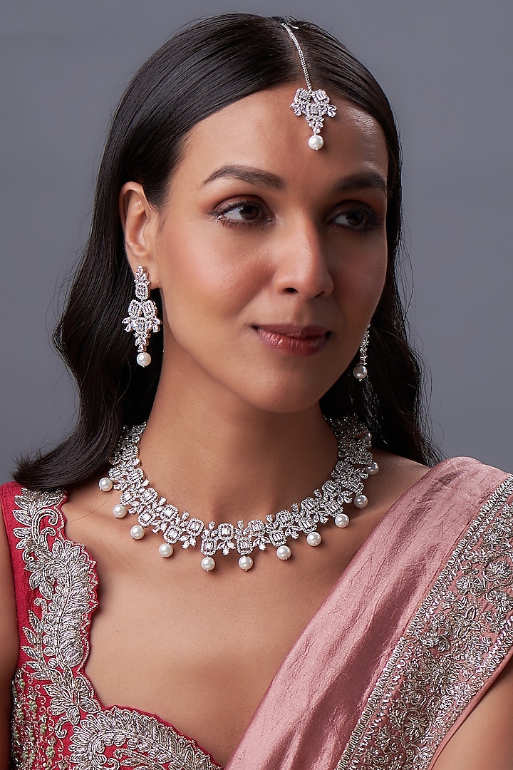 White Rhodium Finish Zircon & Pearl Necklace Set by Prihan Luxury Jewelry at Pernia's Pop Up Shop