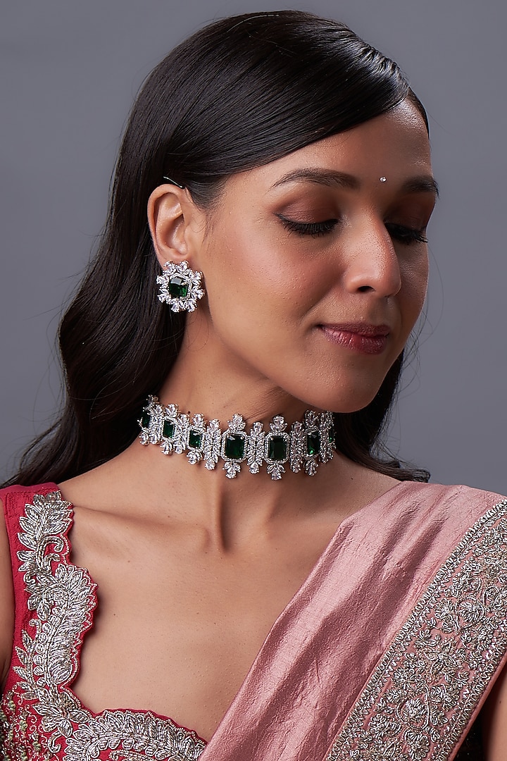 White Rhodium Finish Zircon & Emerald Stone Choker Necklace Set by Prihan Luxury Jewelry