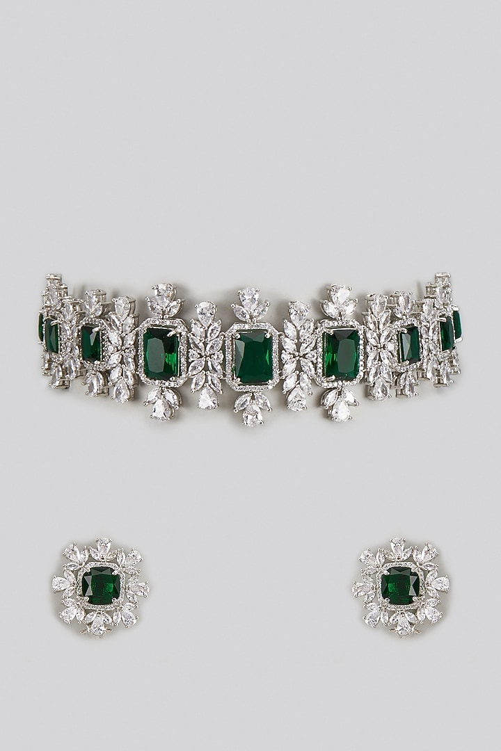 White Rhodium Finish Zircon & Emerald Stone Choker Necklace Set by Prihan Luxury Jewelry at Pernia's Pop Up Shop