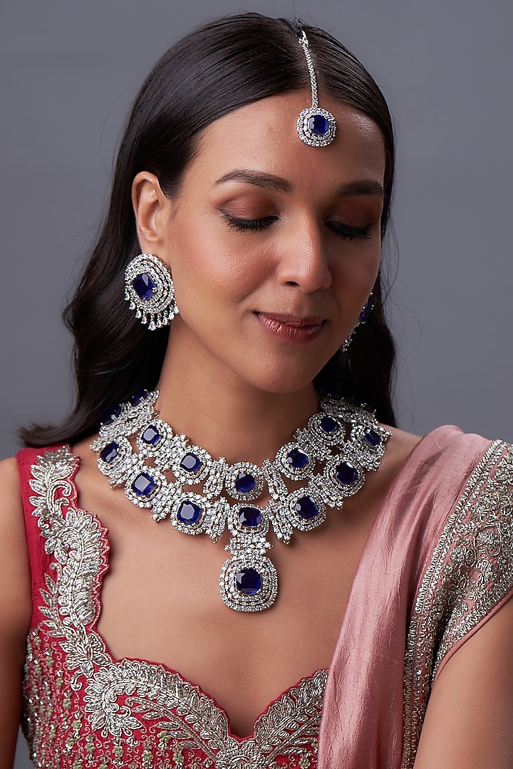 White Rhodium Finish Zircon & Sapphire Stone Necklace Set by Prihan Luxury Jewelry at Pernia's Pop Up Shop