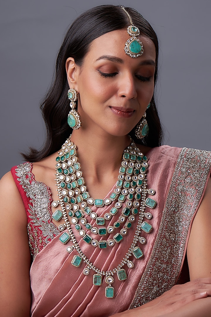 Gold Finish Kundan Polki & Green Doublet Stone Long Necklace Set by Prihan Luxury Jewelry at Pernia's Pop Up Shop