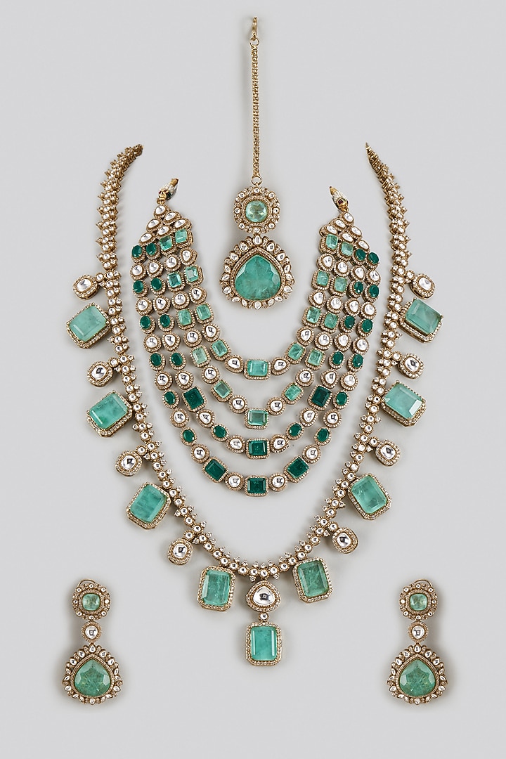 Gold Finish Kundan Polki & Green Doublet Stone Long Necklace Set by Prihan Luxury Jewelry at Pernia's Pop Up Shop