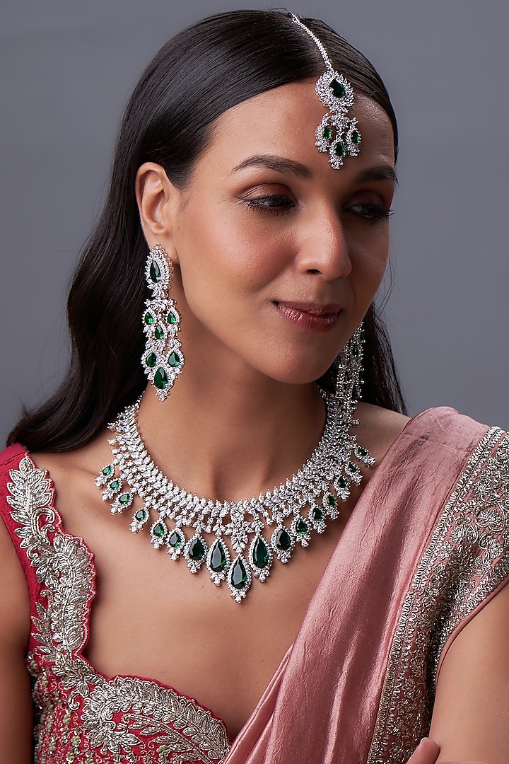 White Rhodium Finish Zircon & Emerald Stone Necklace Set by Prihan Luxury Jewelry