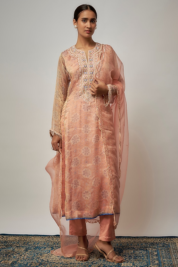 Peach Tissue Organza Embroidered Kurta Set by Prisha's at Pernia's Pop Up Shop