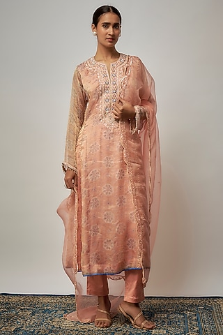Peach Tissue Organza Embroidered Kurta Set by Prisha's