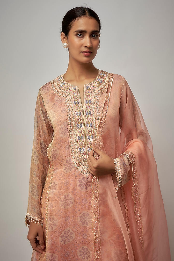 Peach Tissue Organza Embroidered Kurta Set by Prisha's at Pernia's Pop Up Shop