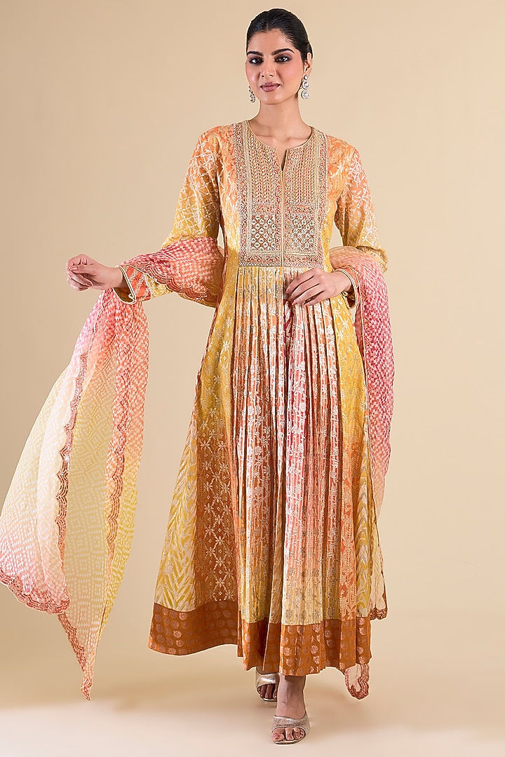 Yellow Orange Chanderi Kurta Set by Prisha's at Pernia's Pop Up Shop