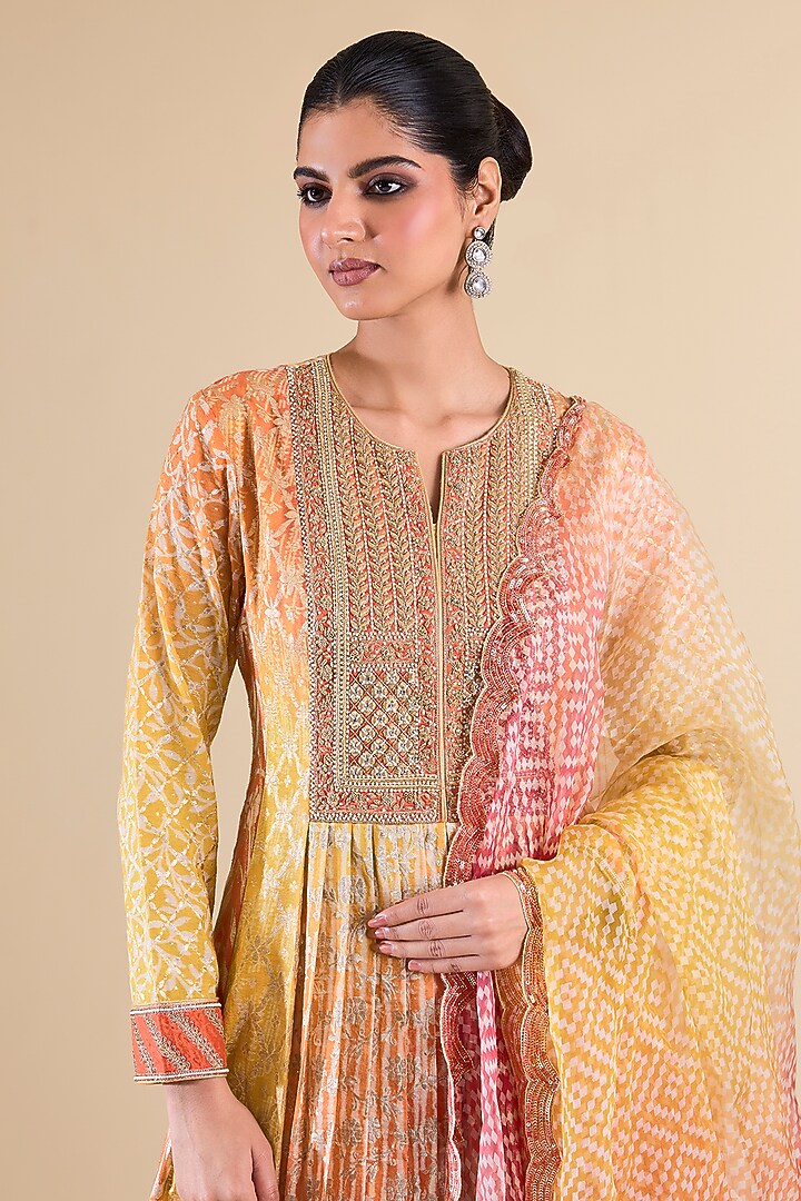 Yellow Orange Chanderi Kurta Set by Prisha's at Pernia's Pop Up Shop