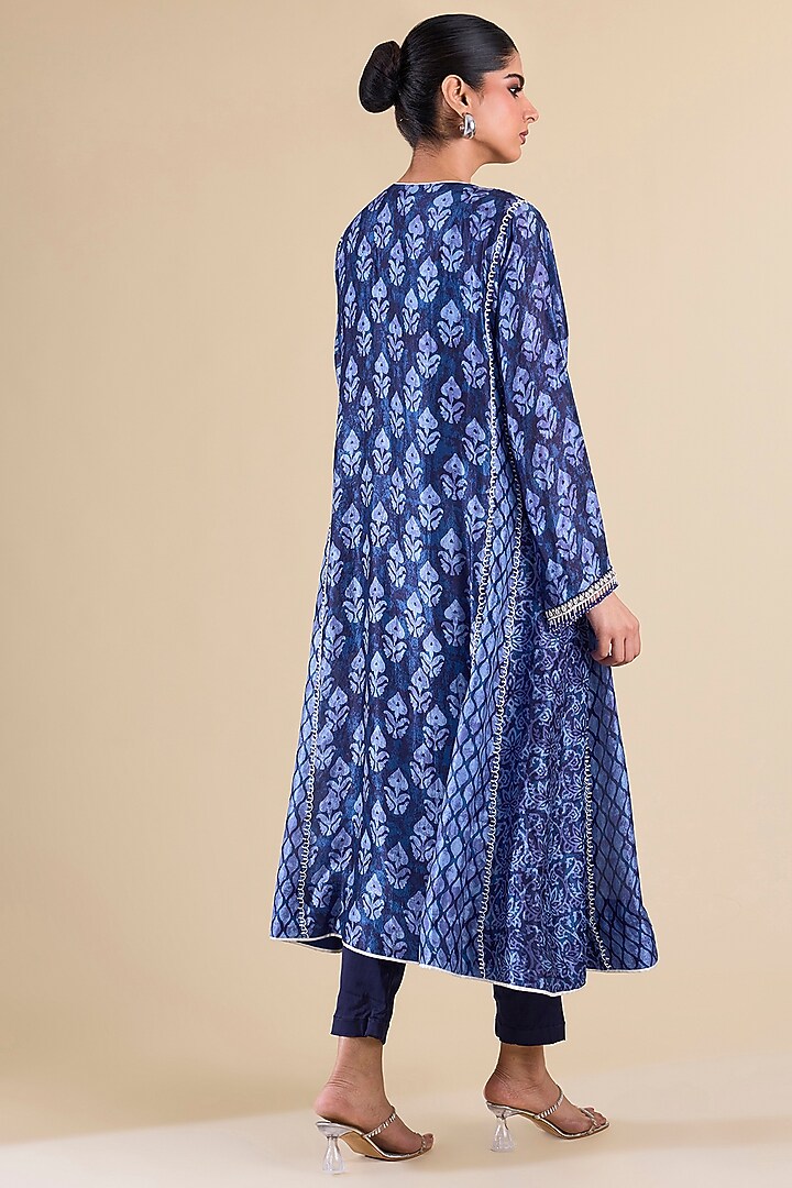 Navy Blue Kora Silk Printed & Embroidered Kurta Set by Prisha's at Pernia's Pop Up Shop