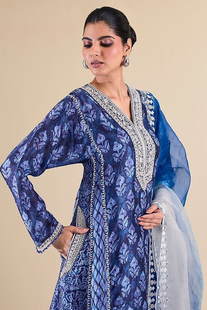 Navy Blue Kora Silk Printed & Embroidered Kurta Set by Prisha's at Pernia's Pop Up Shop