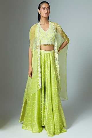 Green Kora Silk Bandhani Printed Palazzo Set by Prisha's