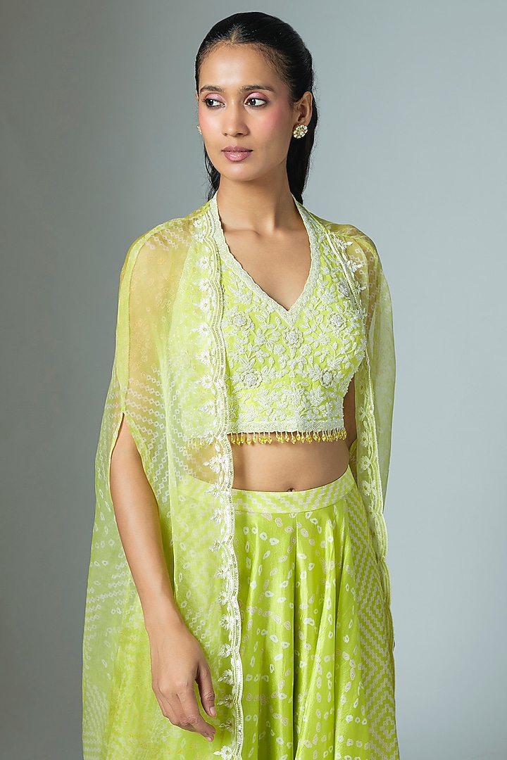 Green Kora Silk Bandhani Printed Palazzo Set by Prisha's at Pernia's Pop Up Shop
