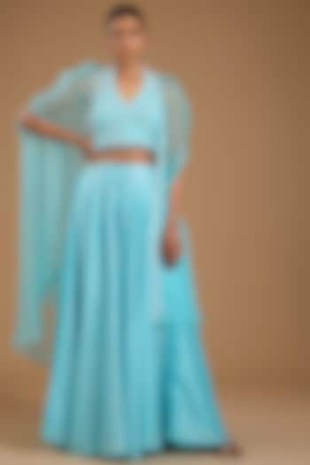 Blue Organza Embroidered Cape Set by Prisha's at Pernia's Pop Up Shop