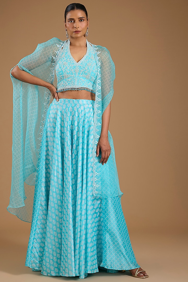 Blue Organza Embroidered Cape Set by Prisha's at Pernia's Pop Up Shop