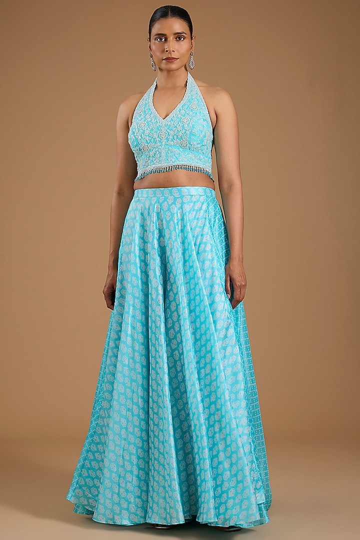Blue Organza Embroidered Cape Set by Prisha's at Pernia's Pop Up Shop