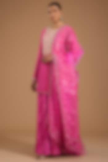 Pink Kora Silk Embroidered & Printed Kurta Set by Prisha's at Pernia's Pop Up Shop