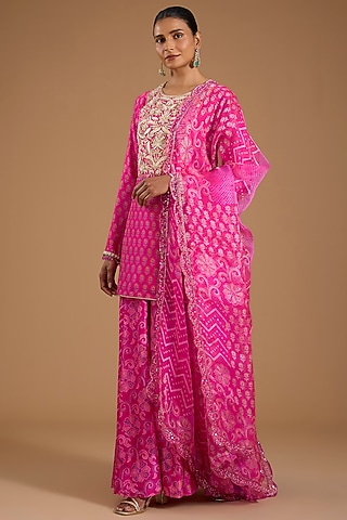 Pink Kora Silk Embroidered & Printed Kurta Set by Prisha's