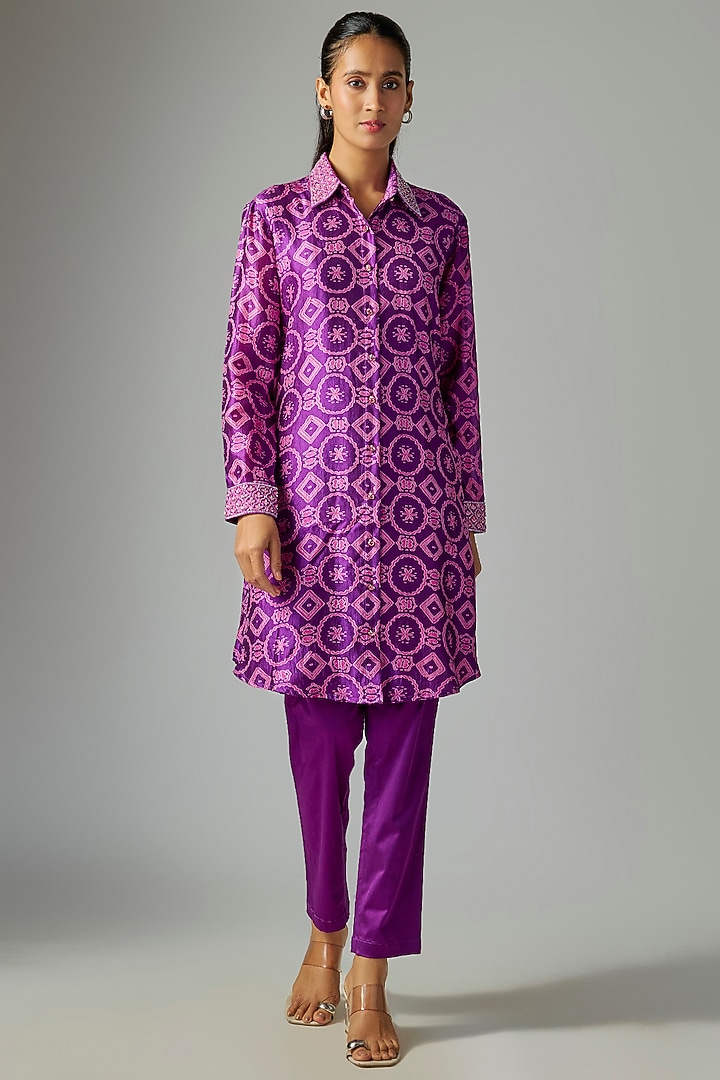 Purple Kora Silk Floral Embroidered  Kurta Set by Prisha's at Pernia's Pop Up Shop