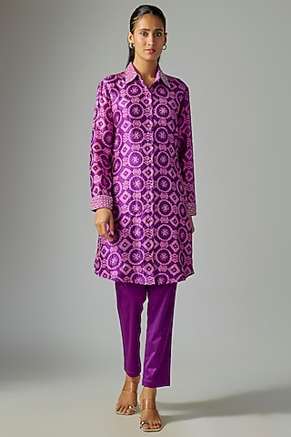 Purple Kora Silk Floral Embroidered  Kurta Set by Prisha's