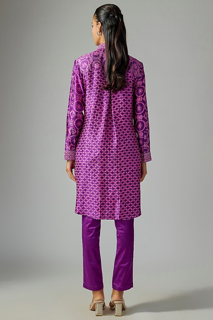 Purple Kora Silk Floral Embroidered Kurta Set by Prisha's at Pernia's Pop Up Shop