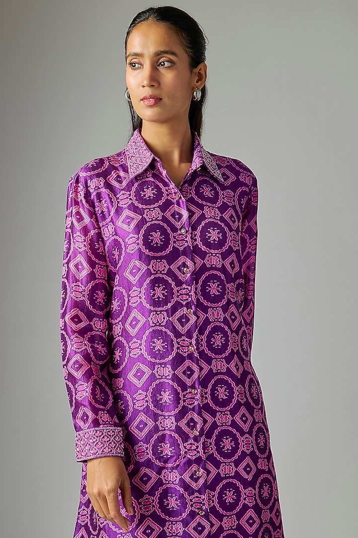Purple Kora Silk Floral Embroidered Kurta Set by Prisha's at Pernia's Pop Up Shop