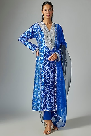 Dark Blue & Off-White Kora Silk Printed Kurta Set by Prisha's