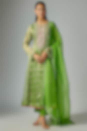 Green Tissue Organza Printed & Sequins Embroidered Kurta Set by Prisha's at Pernia's Pop Up Shop
