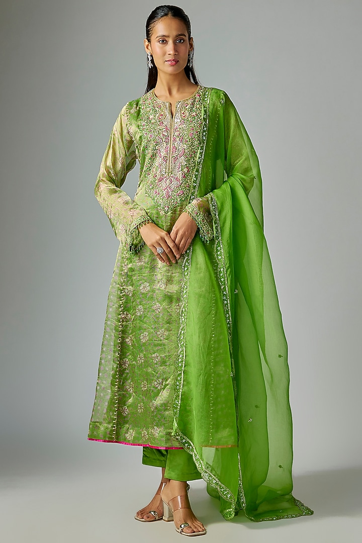Green Tissue Organza Printed & Sequins Embroidered Kurta Set by Prisha's at Pernia's Pop Up Shop