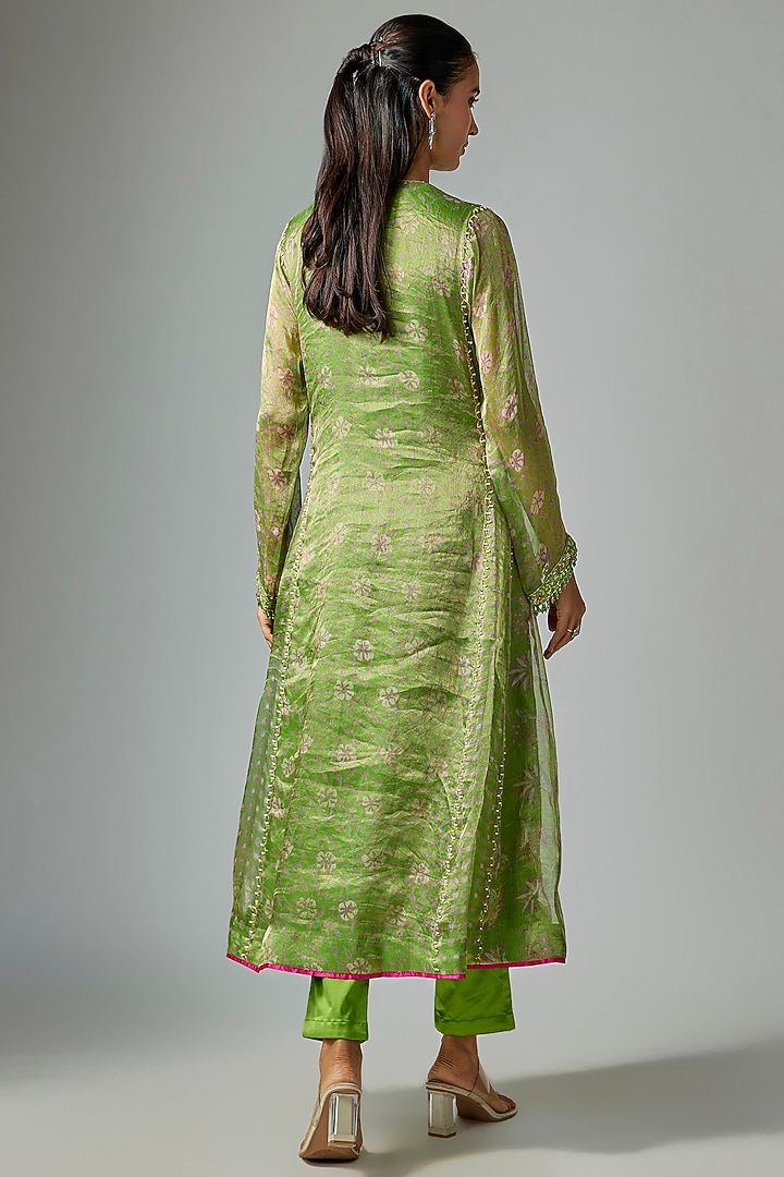 Green Tissue Organza Printed & Sequins Embroidered Kurta Set by Prisha's at Pernia's Pop Up Shop