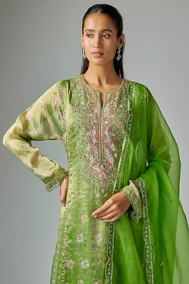 Green Tissue Organza Printed & Sequins Embroidered Kurta Set by Prisha's at Pernia's Pop Up Shop