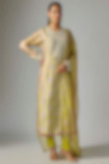 Yellow Kora Silk Ajrakh Printed & Embroidered Kalidar Kurta Set by Prisha's at Pernia's Pop Up Shop