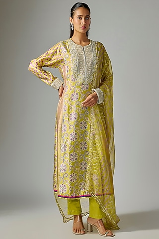 Yellow Kora Silk Ajrakh Printed &  Embroidered Kalidar Kurta Set by Prisha's