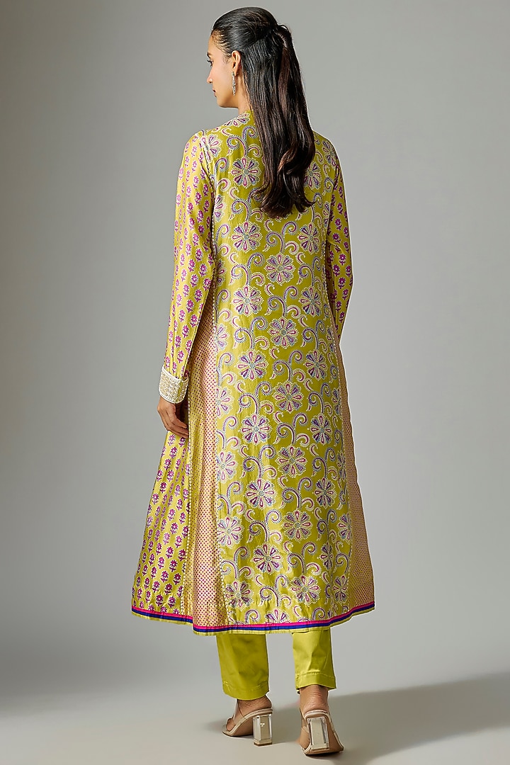 Yellow Kora Silk Ajrakh Printed & Embroidered Kalidar Kurta Set by Prisha's at Pernia's Pop Up Shop
