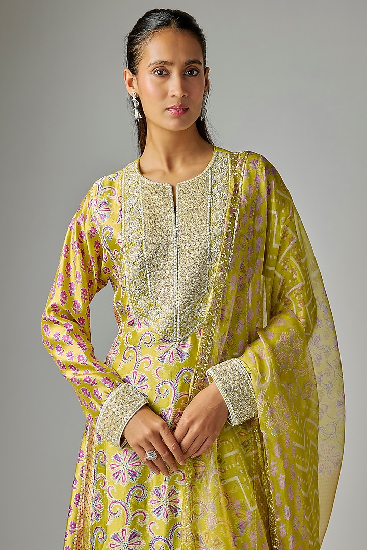 Yellow Kora Silk Ajrakh Printed & Embroidered Kalidar Kurta Set by Prisha's at Pernia's Pop Up Shop