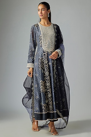 Blue Kora Silk Badla Printed Kurta Set by Prisha's