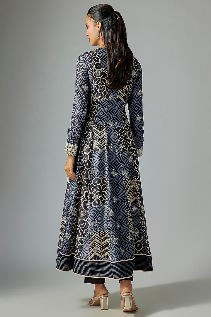 Blue Kora Silk Badla Printed Kurta Set by Prisha's at Pernia's Pop Up Shop