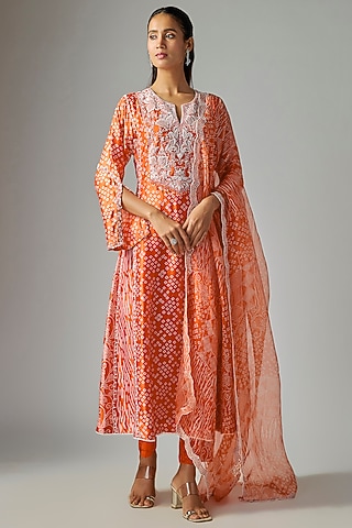 Orange Kora Silk Ajrakh Printed Kurta Set by Prisha's