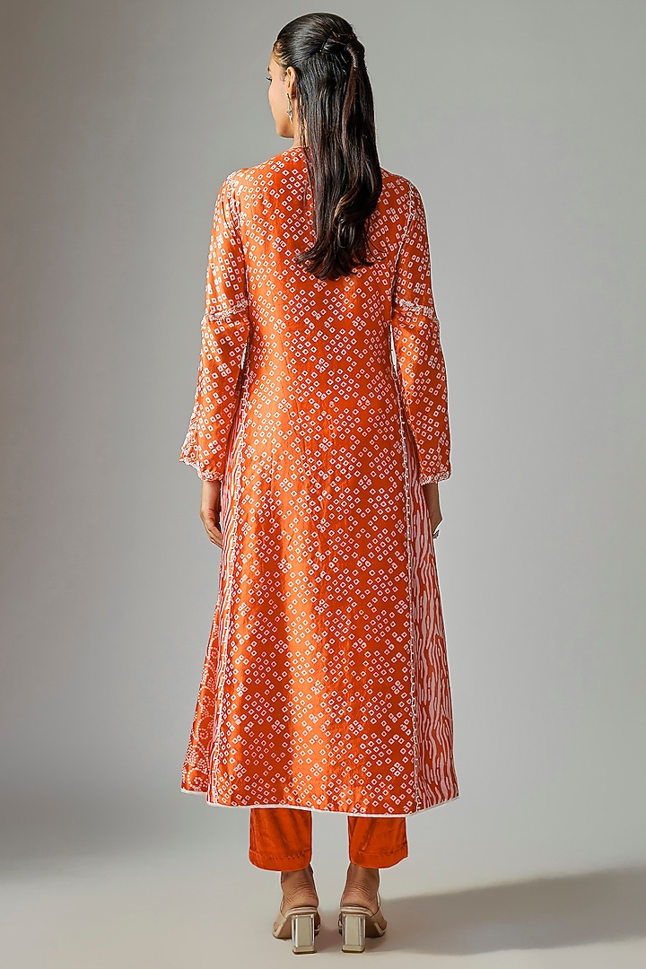 Orange Kora Silk Ajrakh Printed Kurta Set by Prisha's at Pernia's Pop Up Shop