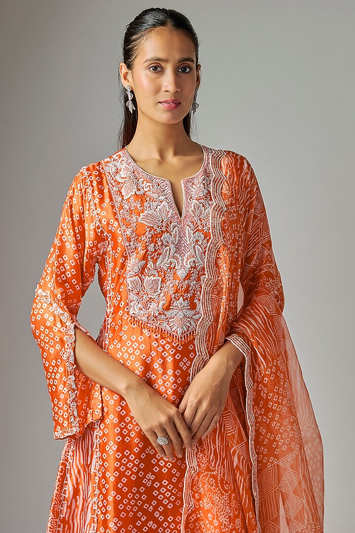 Orange Kora Silk Ajrakh Printed Kurta Set by Prisha's at Pernia's Pop Up Shop