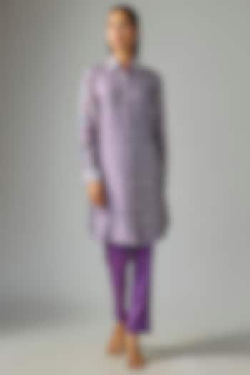 Purple Kora Silk Ajrakh Printed & Floral Embroidered Long Kurta Set by Prisha's at Pernia's Pop Up Shop