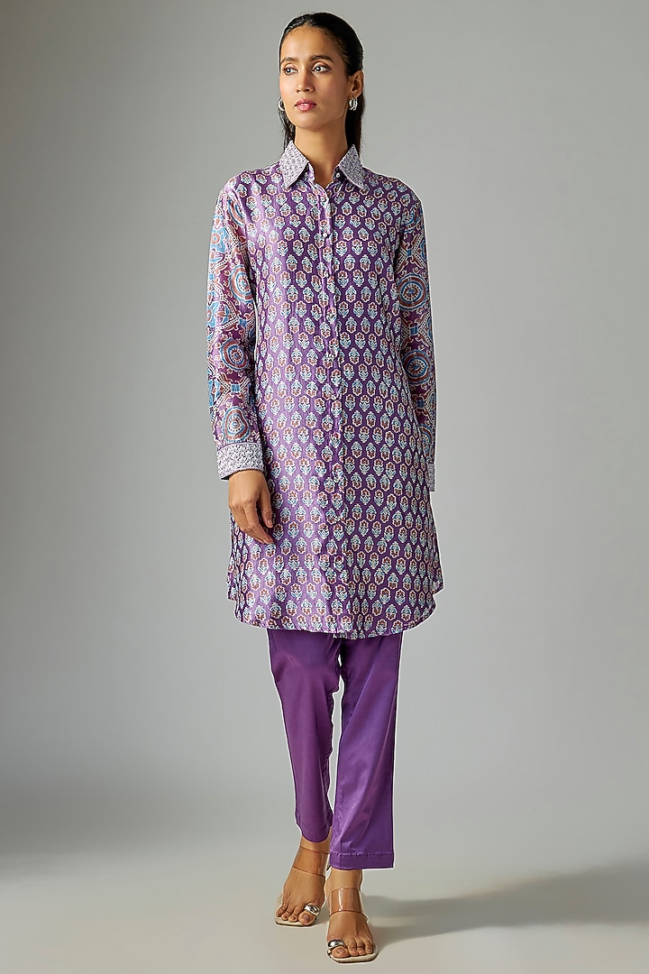 Purple Kora Silk Ajrakh Printed & Floral Embroidered Long Kurta Set by Prisha's at Pernia's Pop Up Shop