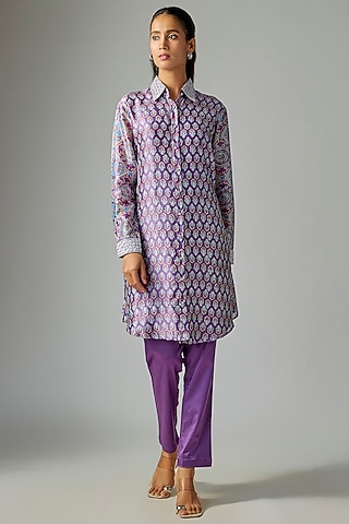 Purple Kora Silk Ajrakh Printed & Floral Embroidered Long Kurta Set by Prisha's