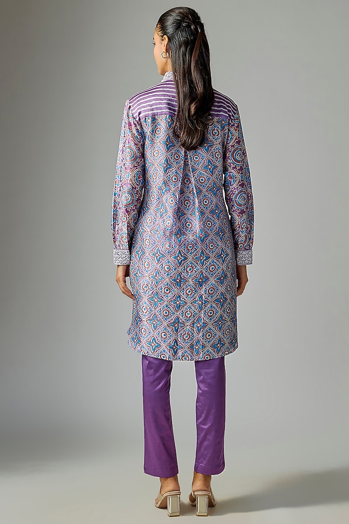 Purple Kora Silk Ajrakh Printed & Floral Embroidered Long Kurta Set by Prisha's at Pernia's Pop Up Shop