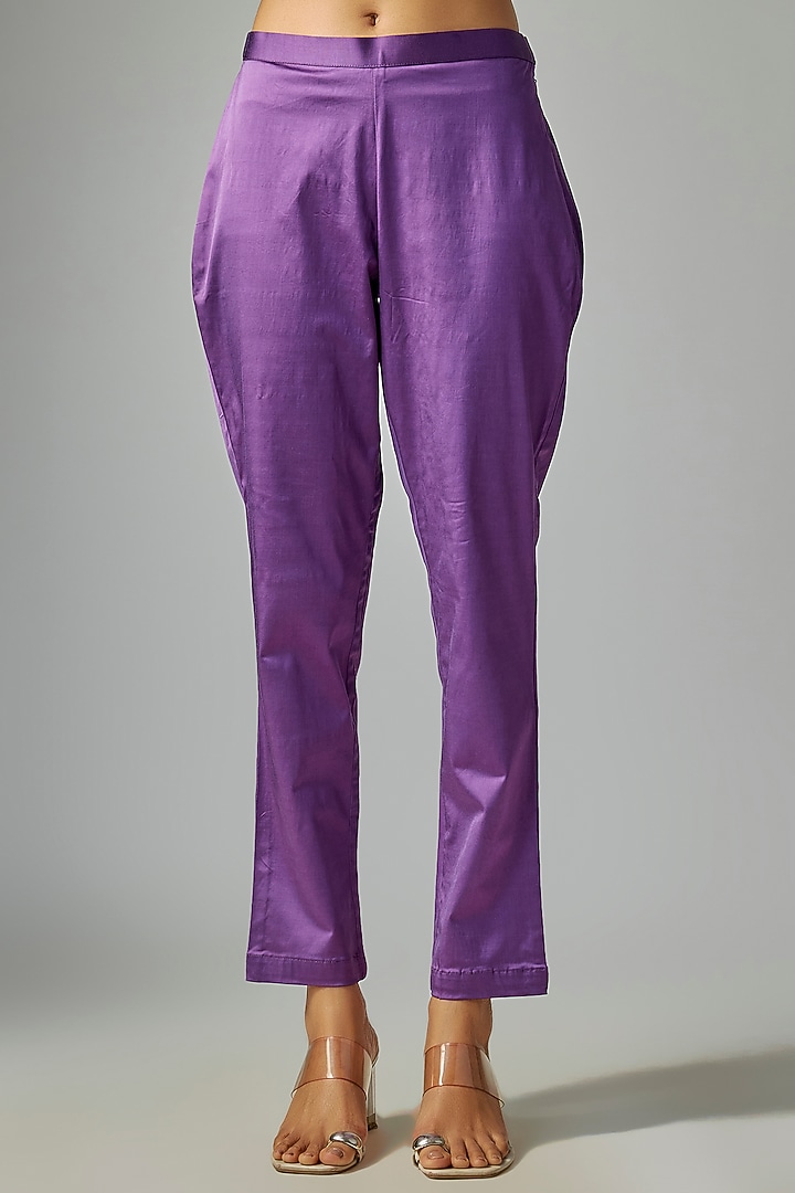 Purple Kora Silk Ajrakh Printed & Floral Embroidered Long Kurta Set by Prisha's at Pernia's Pop Up Shop